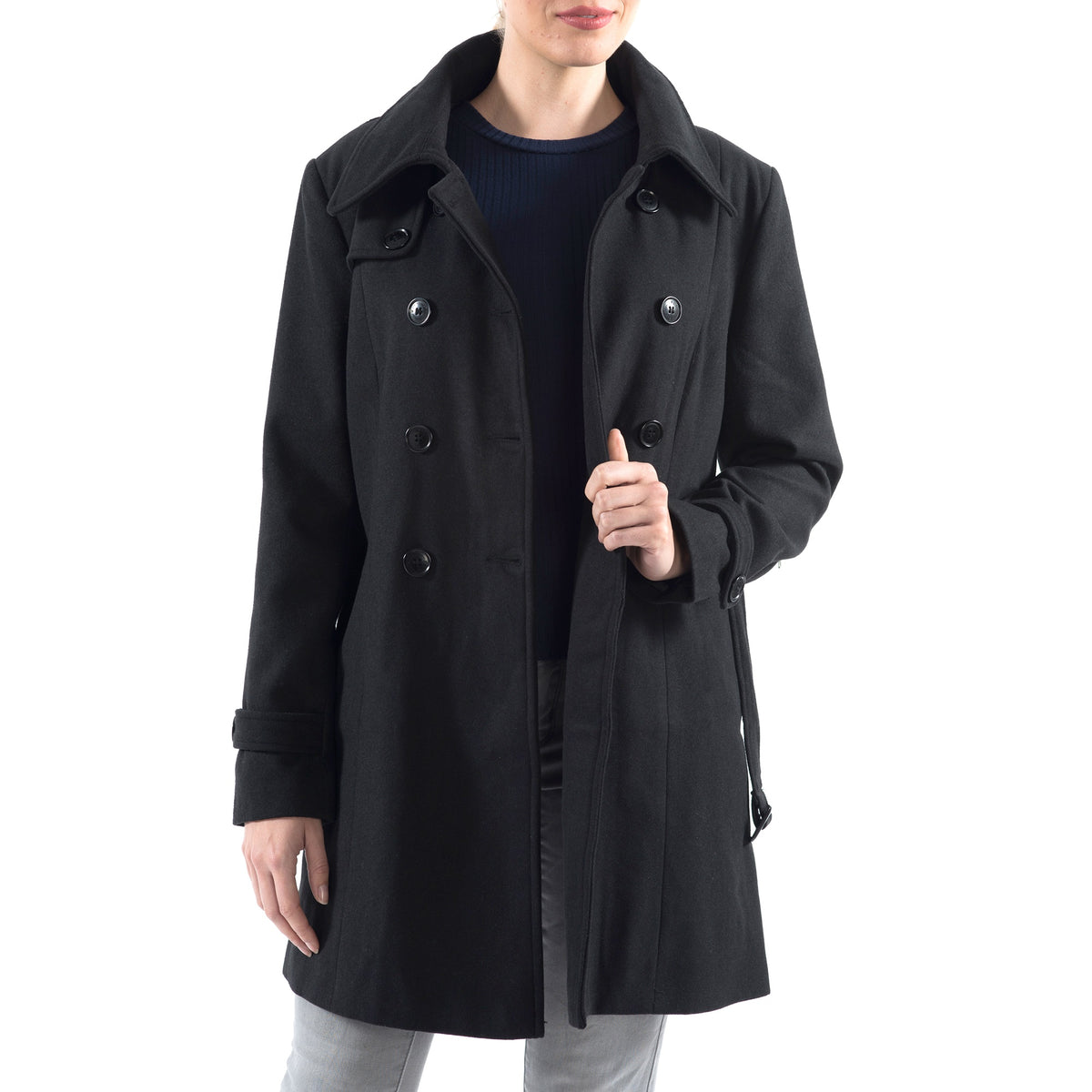 Alpine Swiss Keira Womens Trench Coat Double Breasted Wool Jacket Belted Blazer – Black