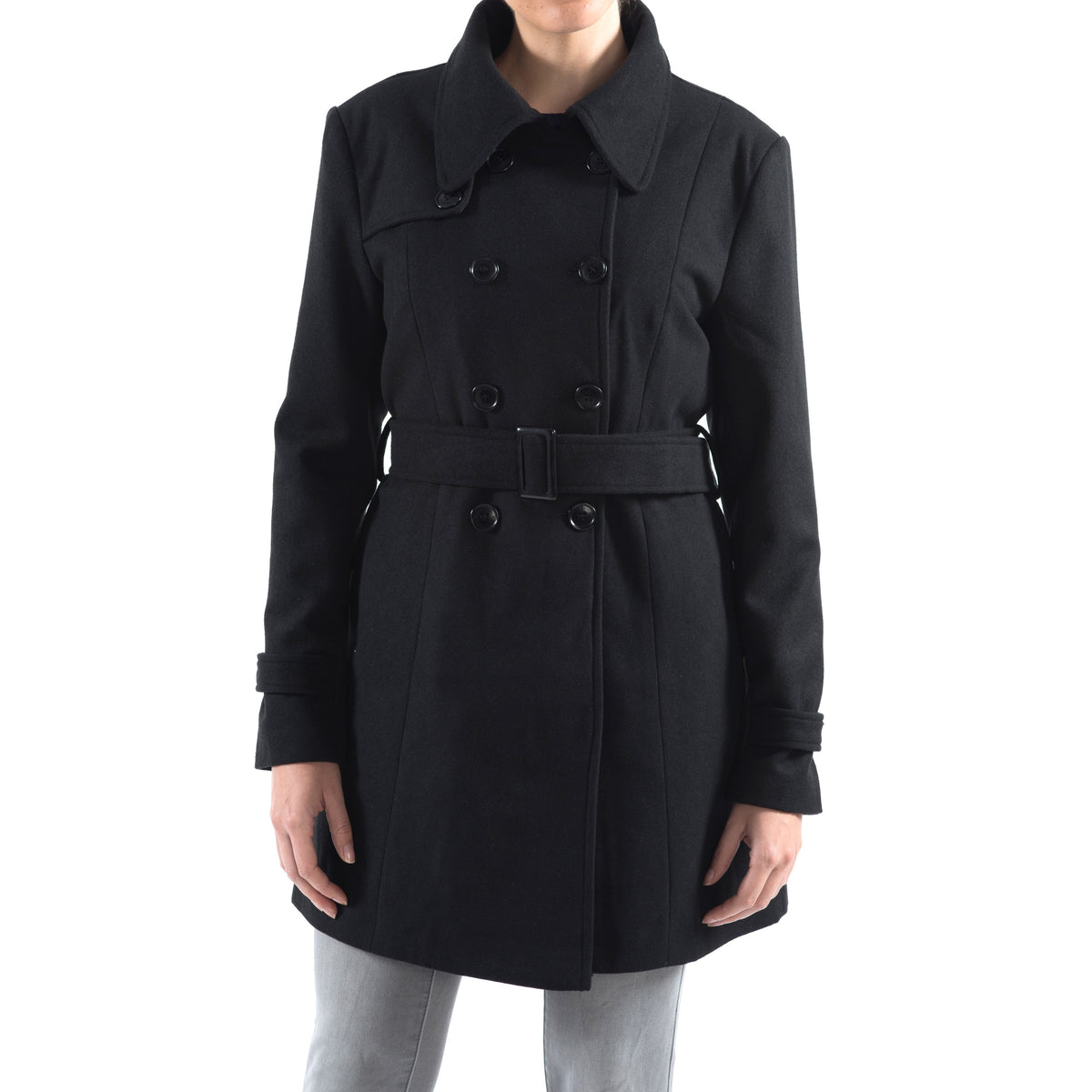 Alpine Swiss Keira Womens Trench Coat Double Breasted Wool Jacket Belted Blazer – Black