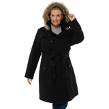 Alpine Swiss Women’s Plus Size Wool Blend Long Trench Coat with Removable Fur Hood – Black