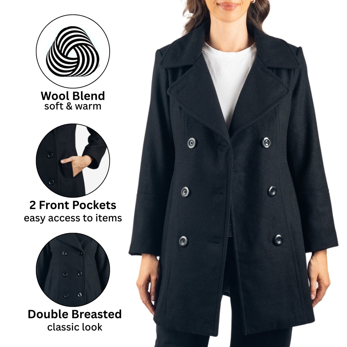 Alpine Swiss Norah Womens Wool Peacoat Classic Double Breasted Coat – Black