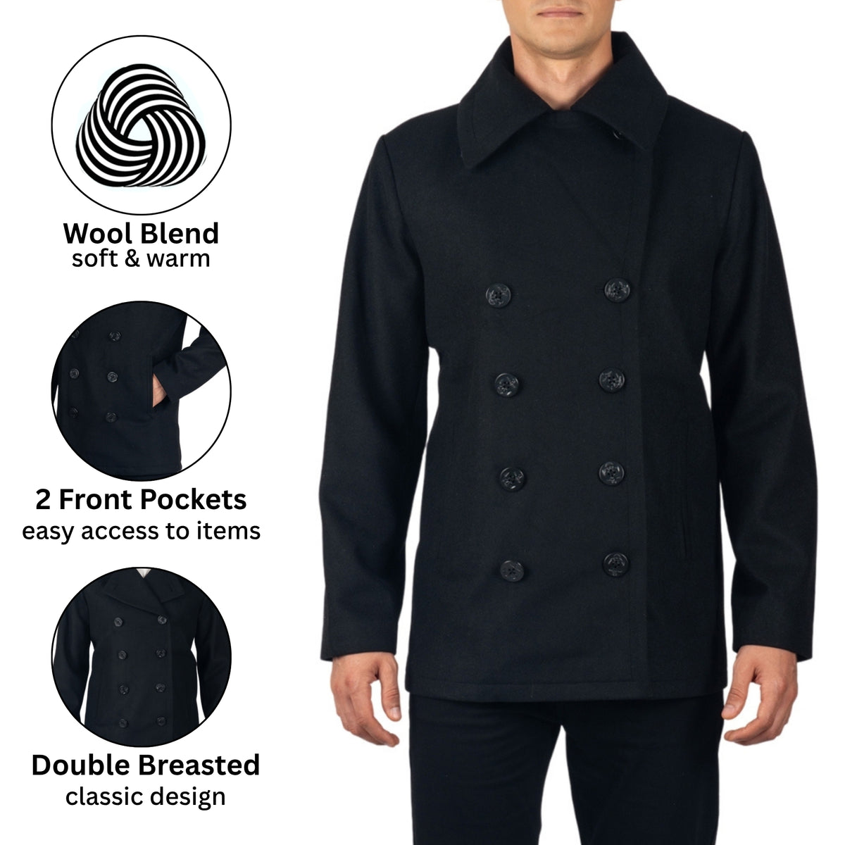 Alpine Swiss Mason Mens Wool Blend Pea Coat Classic Double Breasted Winter Coat Warm – Black
