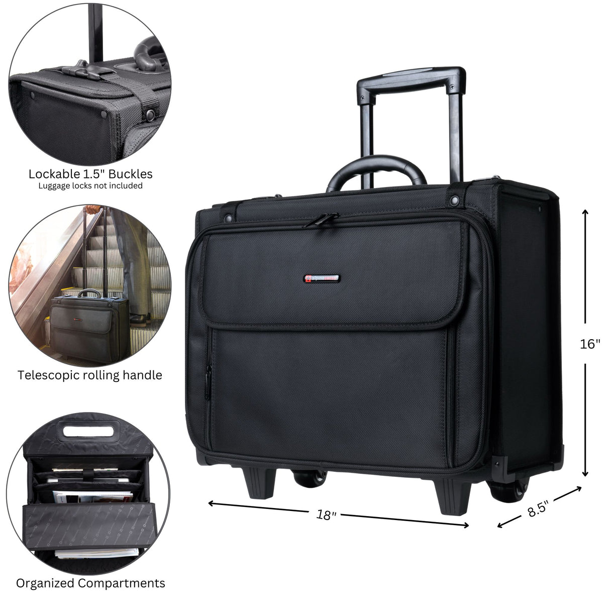 Alpine Swiss Rolling Briefcase Laptop Bag For Men Women Hard Side Catalog Case – Black
