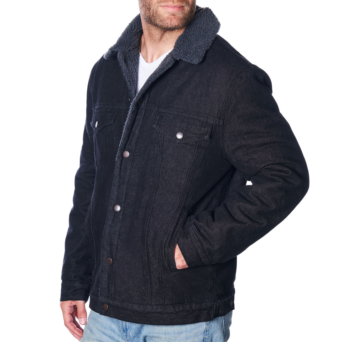 Alpine Swiss Mens Sherpa Lined Denim Jacket Classic Button Up Jean Trucker Coat – Black