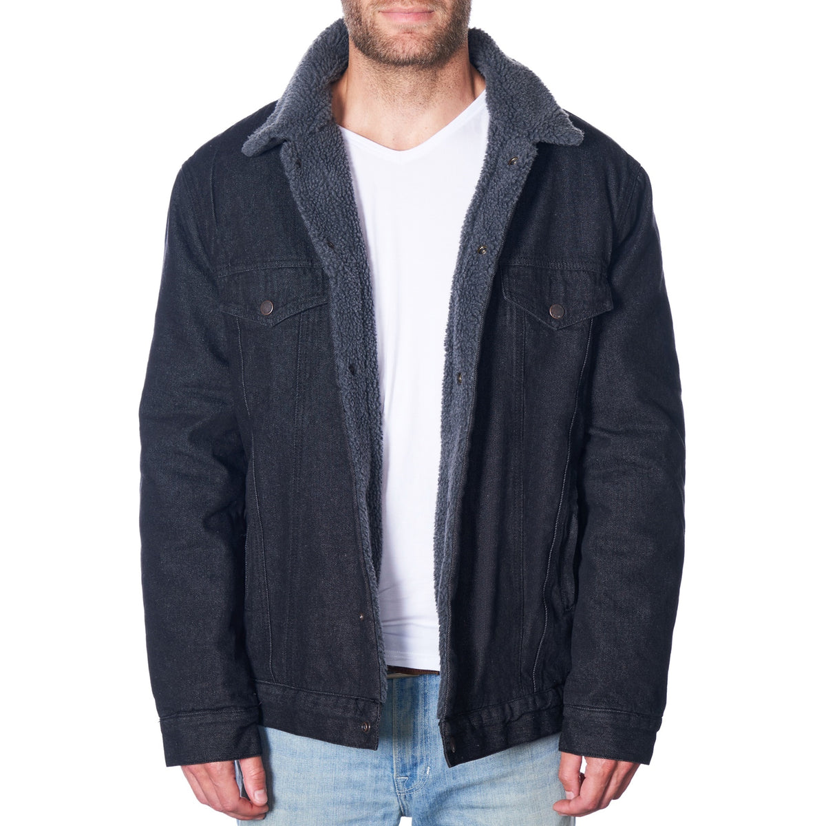 Alpine Swiss Mens Sherpa Lined Denim Jacket Classic Button Up Jean Trucker Coat – Black