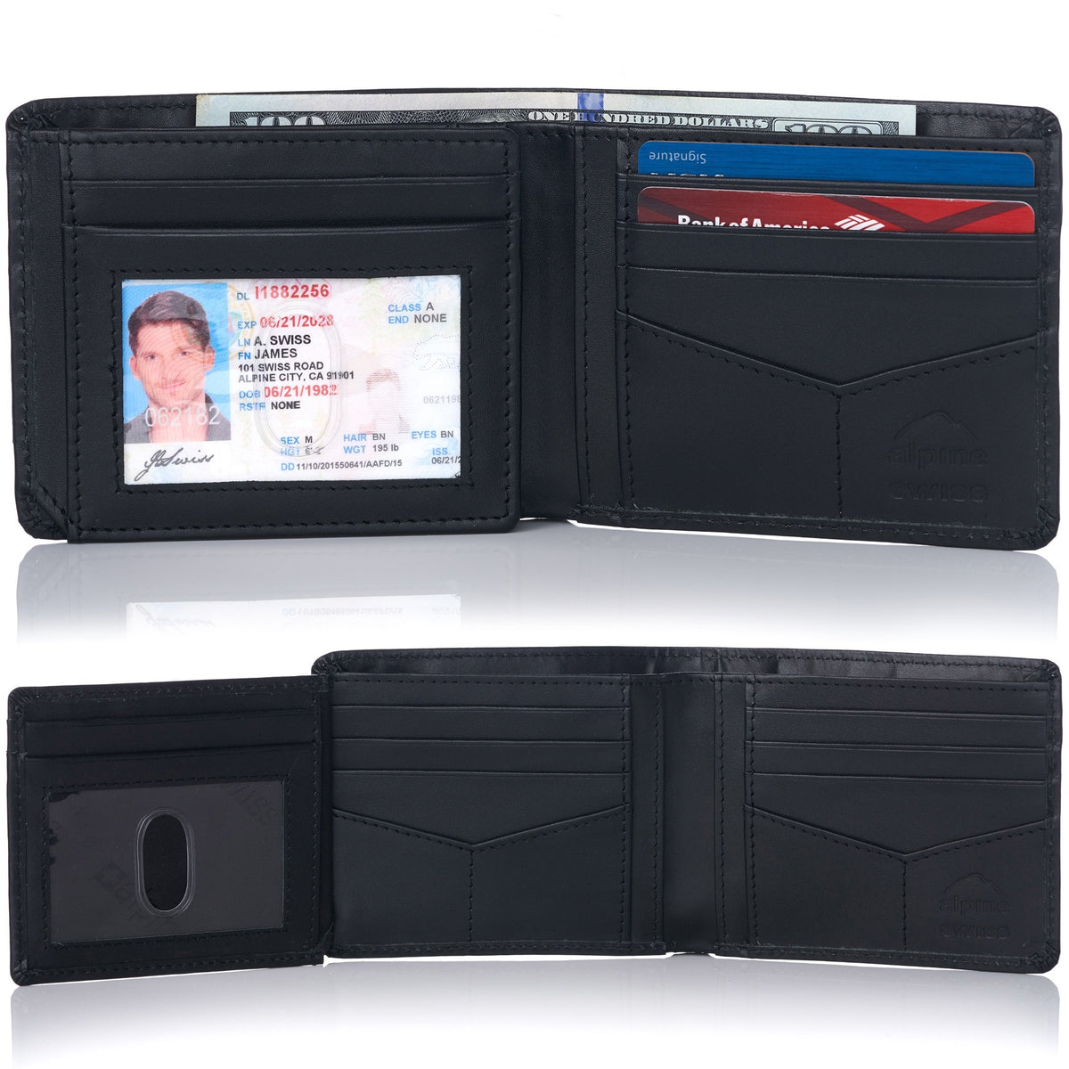 Alpine Swiss RFID Luka Men's Flip ID Wallet Deluxe Capacity ID Bifold With Divided – Smooth Finish Black
