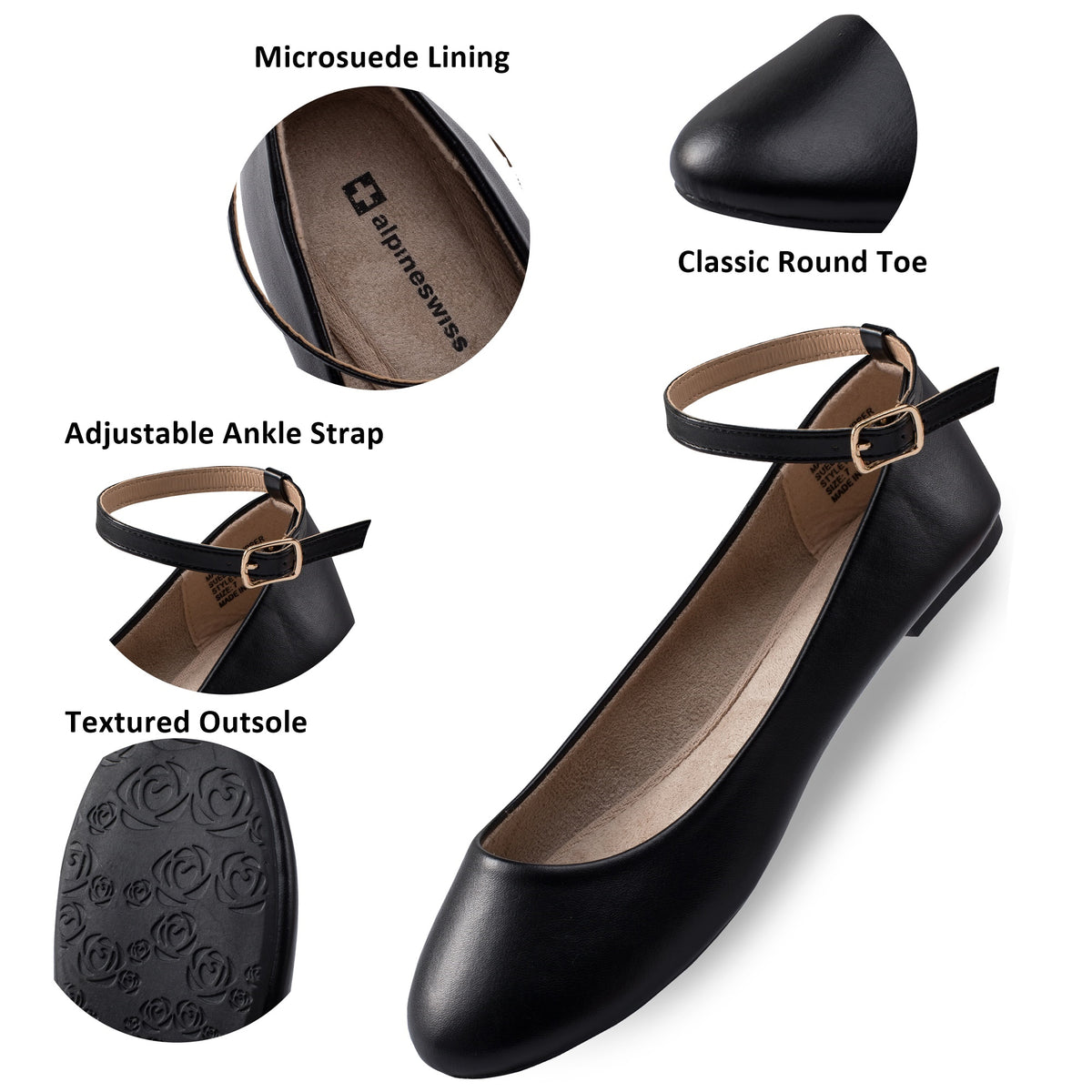 Alpine Swiss Calla Women's Ballet Flats Round Toe Ankle Strap Flat Shoes Casual Wear – Black