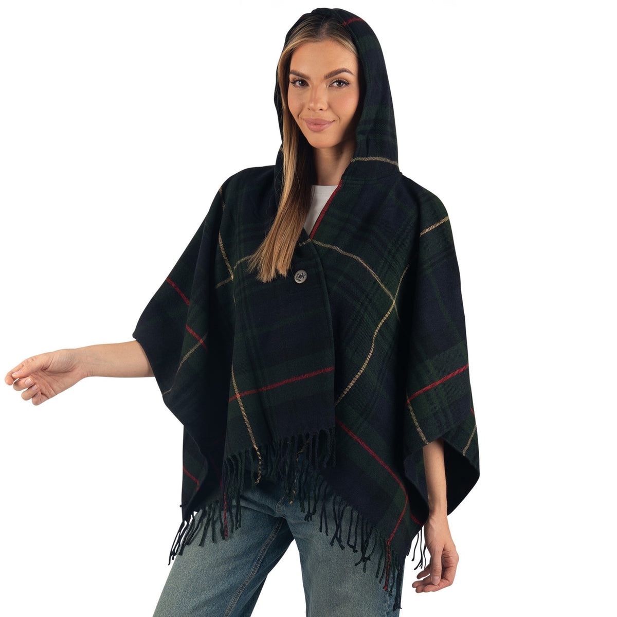 Alpine Swiss Carol Womens Shawl Wrap with Hood Poncho Sweater Large Scarf Fringe – Green Plaid
