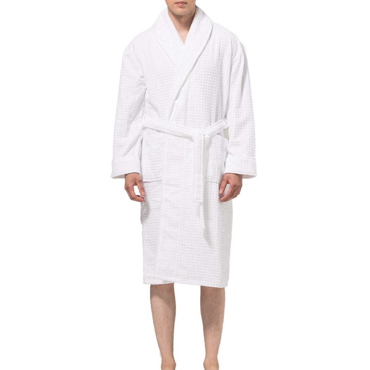 Alpine Swiss Mens Luxury Waffle Knit Cotton Bathrobe Shawl Collar Hotel Spa Robe – White