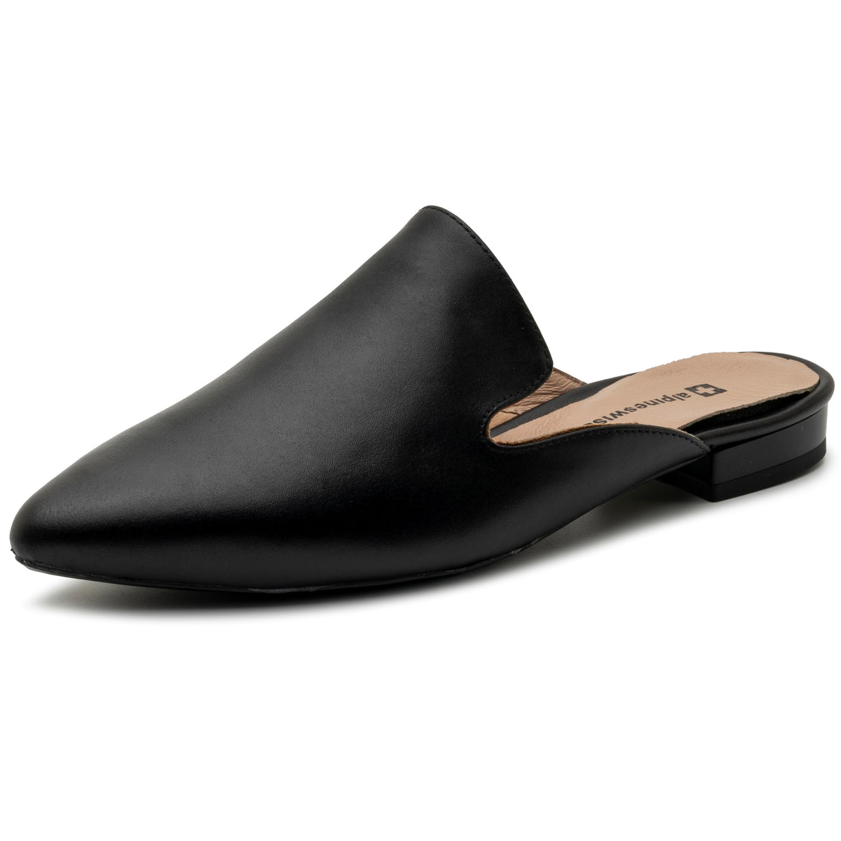Alpine Swiss Diane Womens Leather Mules Pointed Toe Slip On Flats Comfort Loafer – Black Leather