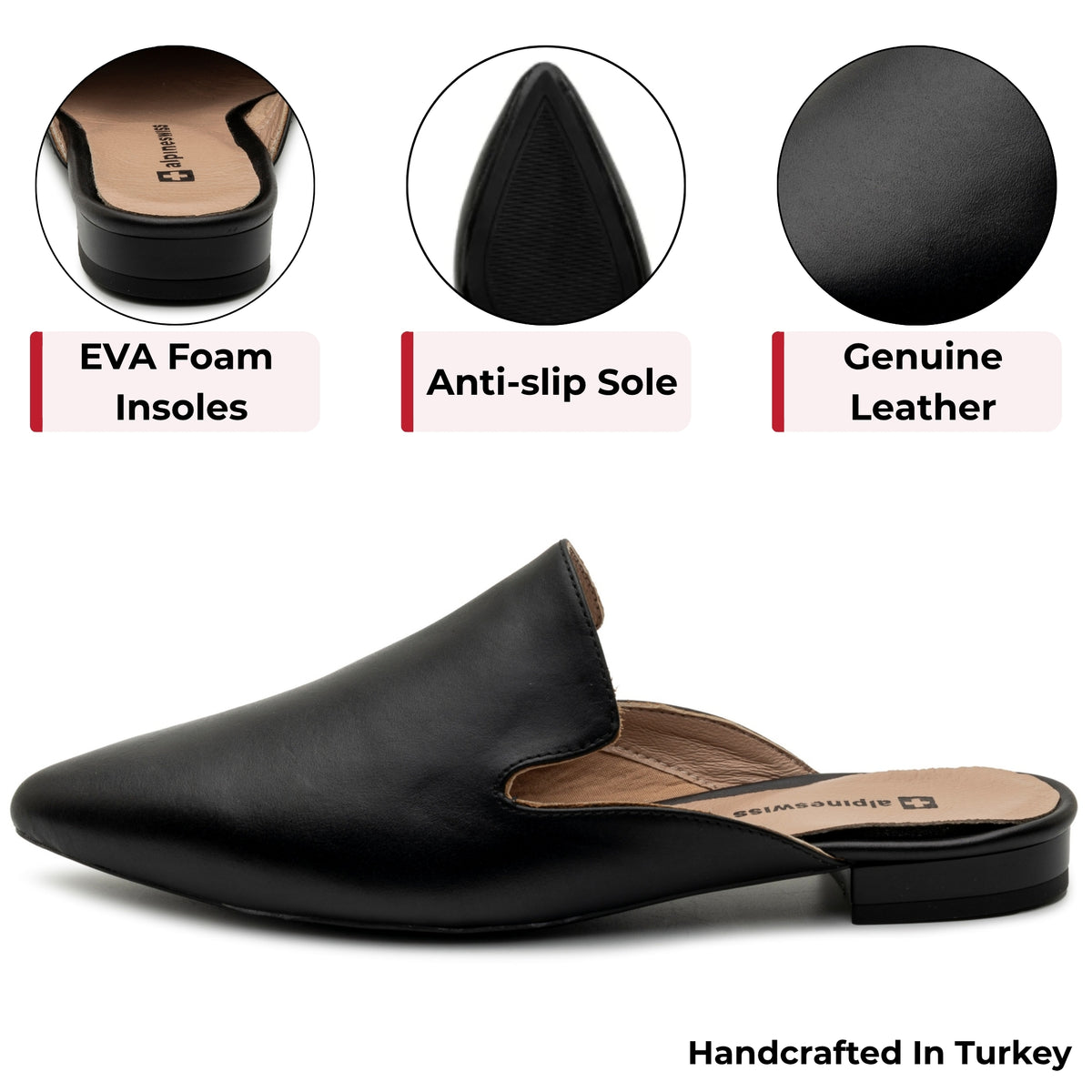 Alpine Swiss Diane Womens Leather Mules Pointed Toe Slip On Flats Comfort Loafer – Black Leather