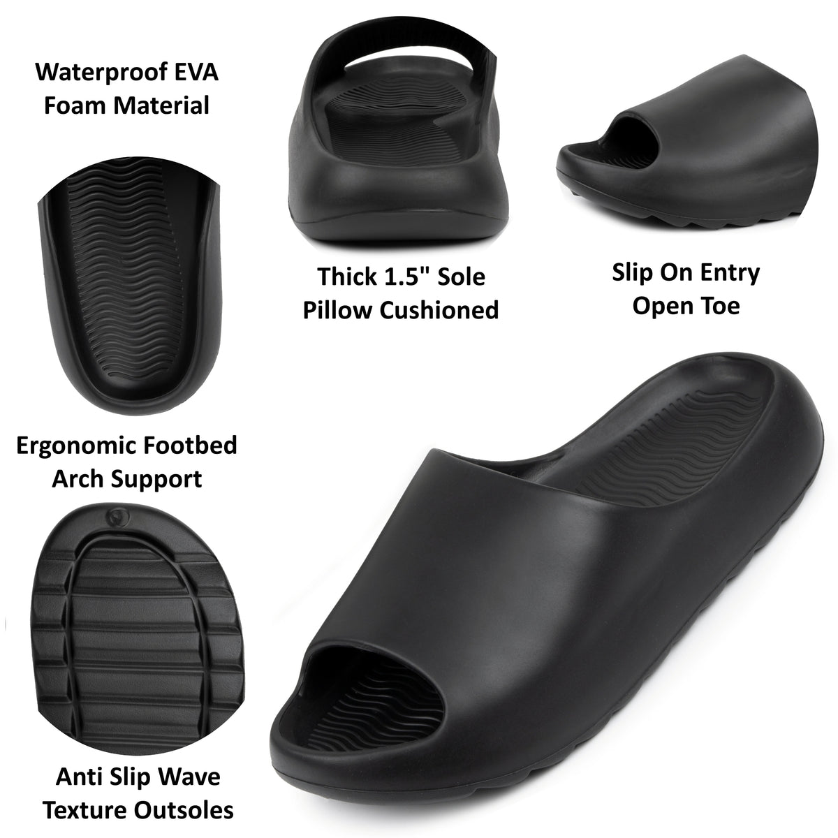 Alpine Swiss Edgar Men's Cloud Slides Ultra-Comfortable Arch Support Pillow Slippers – Black