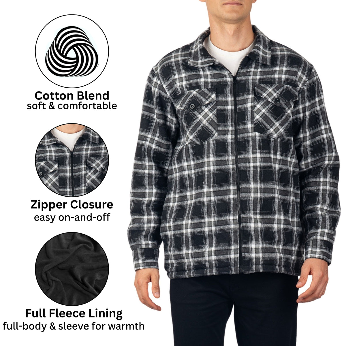 Alpine Swiss Felix Mens Fleece Flannel Jacket Heavyweight Zip-Up Plaid Shacket – Black Gray