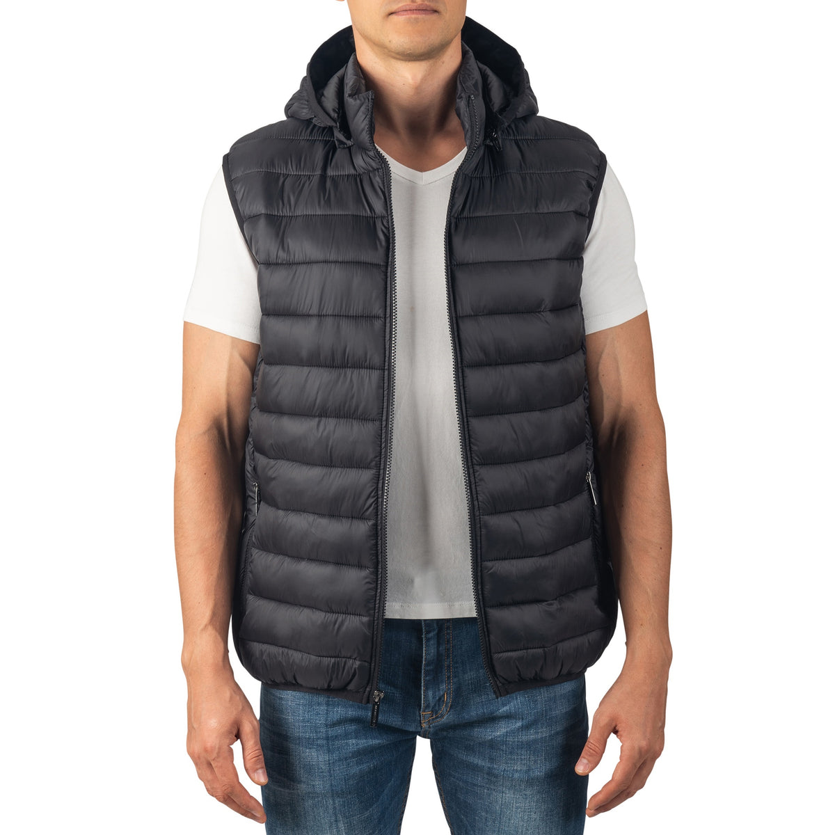 Alpine Swiss Gage Mens Hooded Puffer Vest Down Alternative Packable Vest Jacket – Black