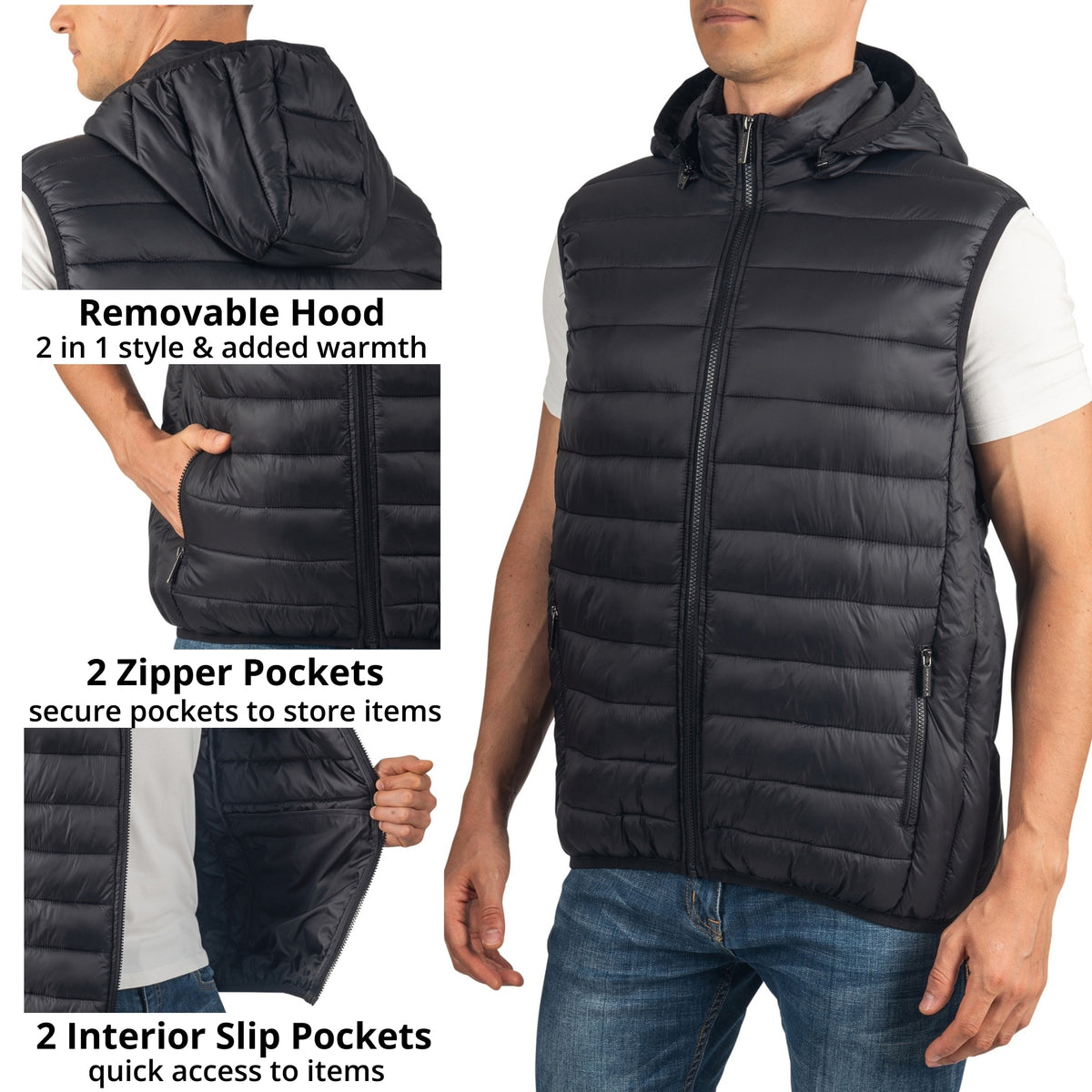 Alpine Swiss Gage Mens Hooded Puffer Vest Down Alternative Packable Vest Jacket – Black