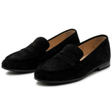 Alpine Swiss Helen Womens Leather Penny Loafers Comfortable Slip On Flat Shoes – Black Suede