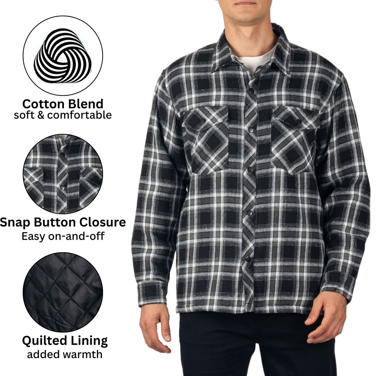 Alpine Swiss Henry Mens Quilted Flannel Jacket Warm Plaid Snap Front Shacket – Black Gray