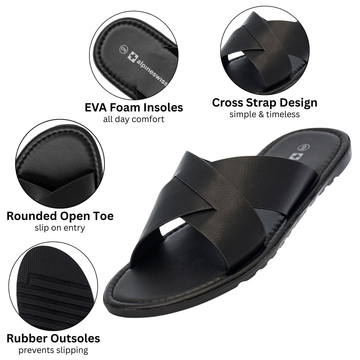 Alpine Swiss Hugo Mens Vegan Leather Slide Sandals Dressy Comfy Indoor Outdoor Shoes – Black