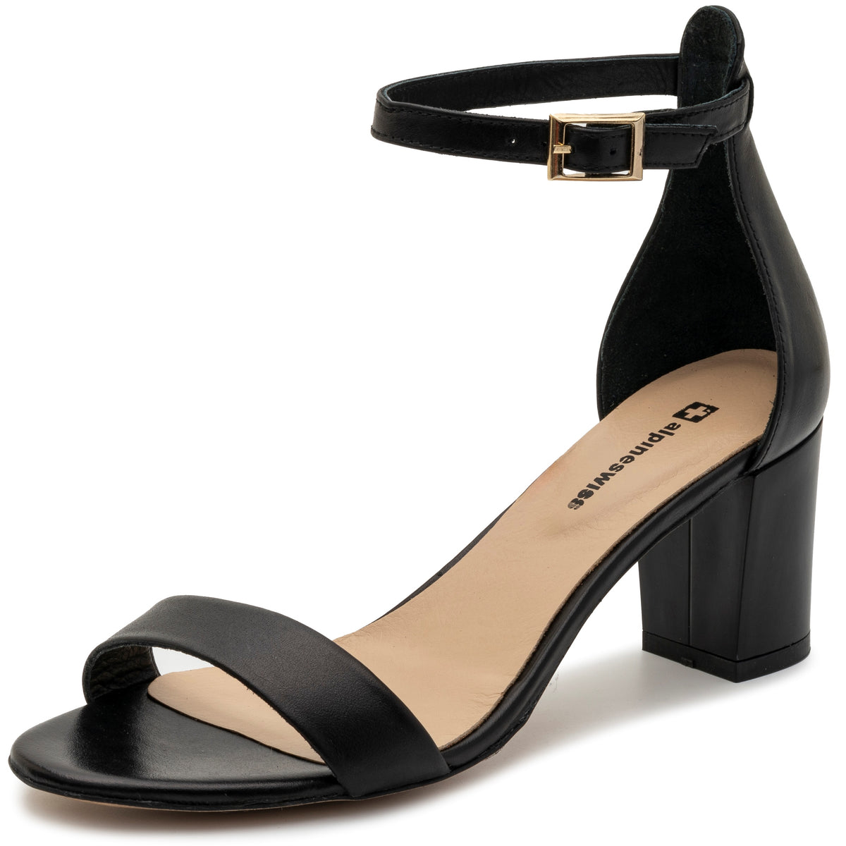 Alpine Swiss Womens Leather Ankle Strap Low Heel Sandals Comfort Dressy Shoes – Black Leather