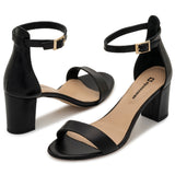 Alpine Swiss Womens Leather Ankle Strap Low Heel Sandals Comfort Dressy Shoes – Black Leather
