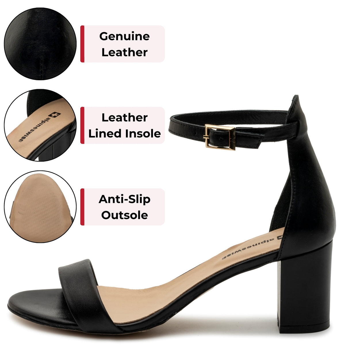 Alpine Swiss Womens Leather Ankle Strap Low Heel Sandals Comfort Dressy Shoes – Black Leather