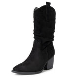 Alpine Swiss Kayla Womens Western Slouch Boots Mid Calf Block Heel Cowboy Boots – Black