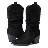 Alpine Swiss Kayla Womens Western Slouch Boots Mid Calf Block Heel Cowboy Boots – Black