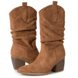 Alpine Swiss Kayla Womens Western Slouch Boots Mid Calf Block Heel Cowboy Boots – Tan