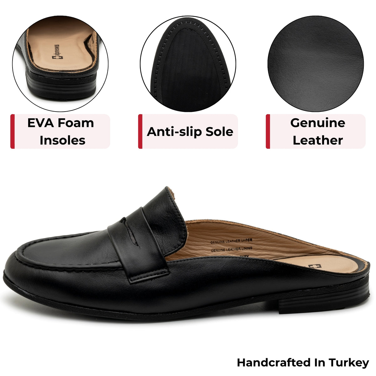 Alpine Swiss Linda Womens Leather Mule Loafers Slip On Penny Loafer Flats Slides – Black Leather
