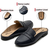 Alpine Swiss Linda Womens Leather Mule Loafers Slip On Penny Loafer Flats Slides – Navy Leather