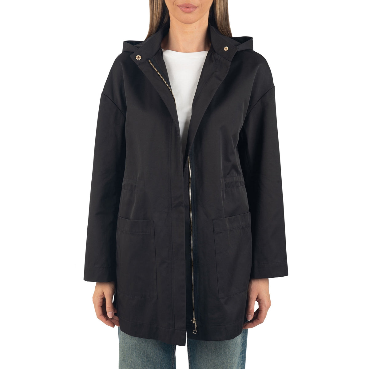 Alpine Swiss Lorie Womens Rain Jacket Removable Hood Long Rain Coat Trench Coat – Black