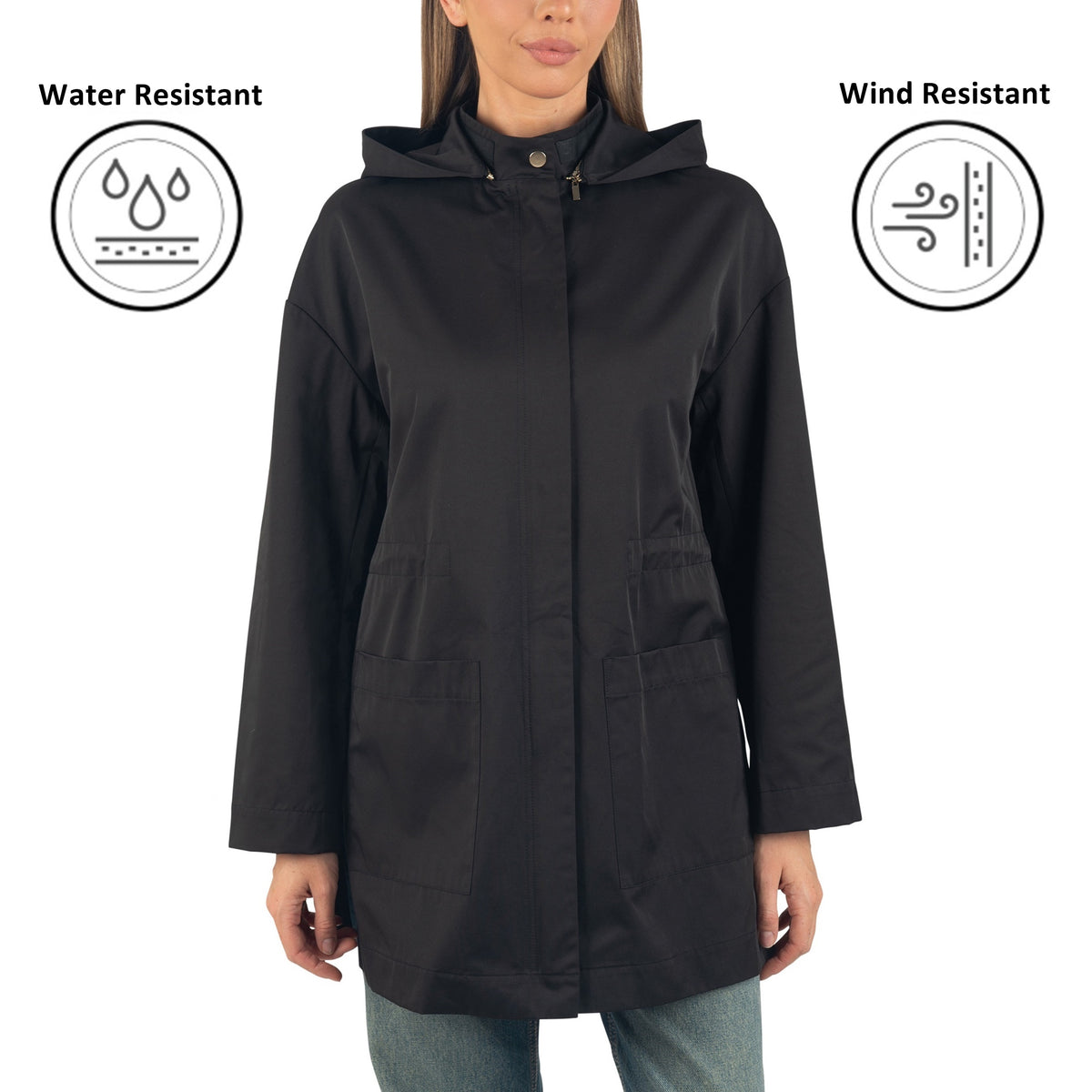 Alpine Swiss Lorie Womens Rain Jacket Removable Hood Long Rain Coat Trench Coat – Black