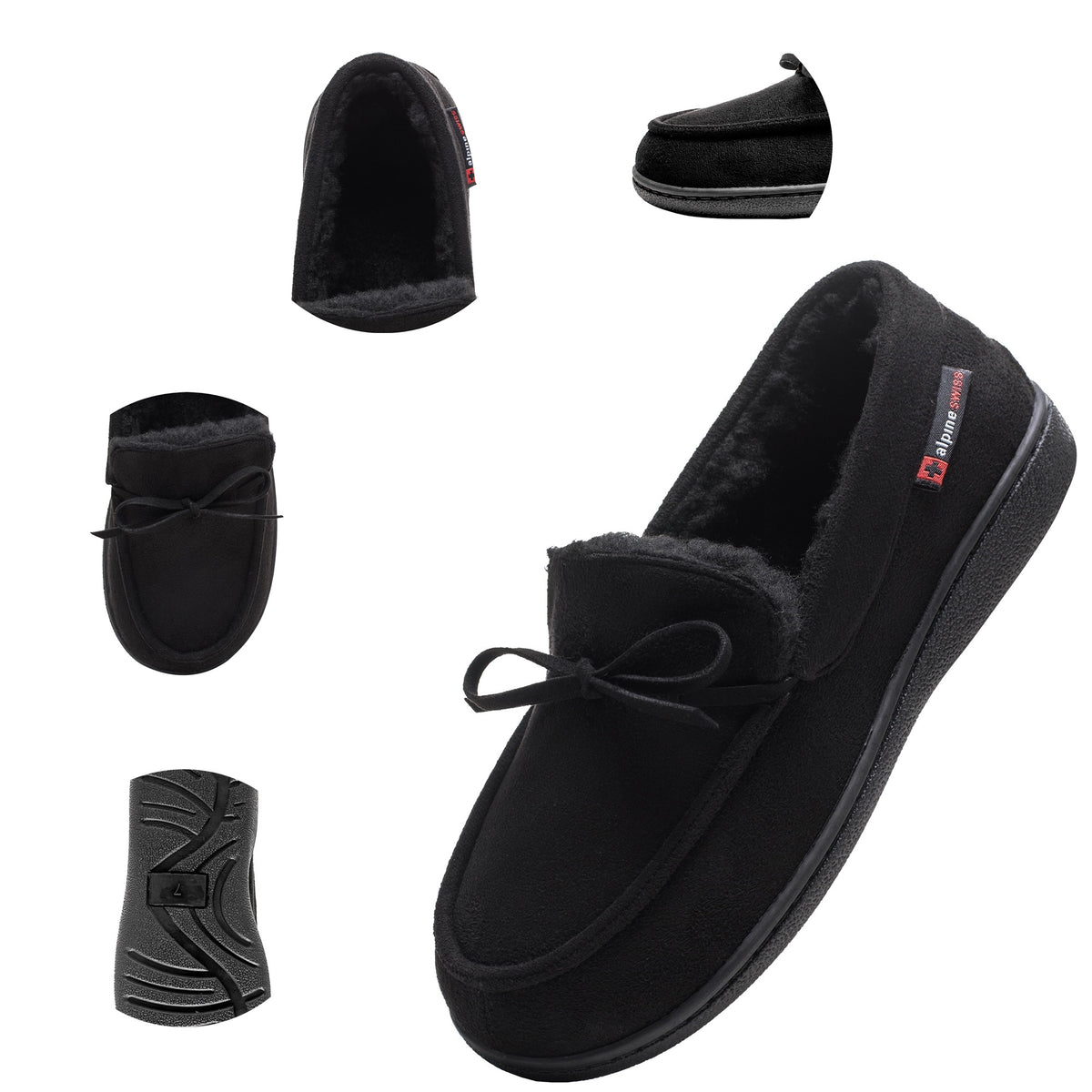 Alpine Swiss Womens Moccasin Slippers Warm Shearling Comfortable House Shoes – Black