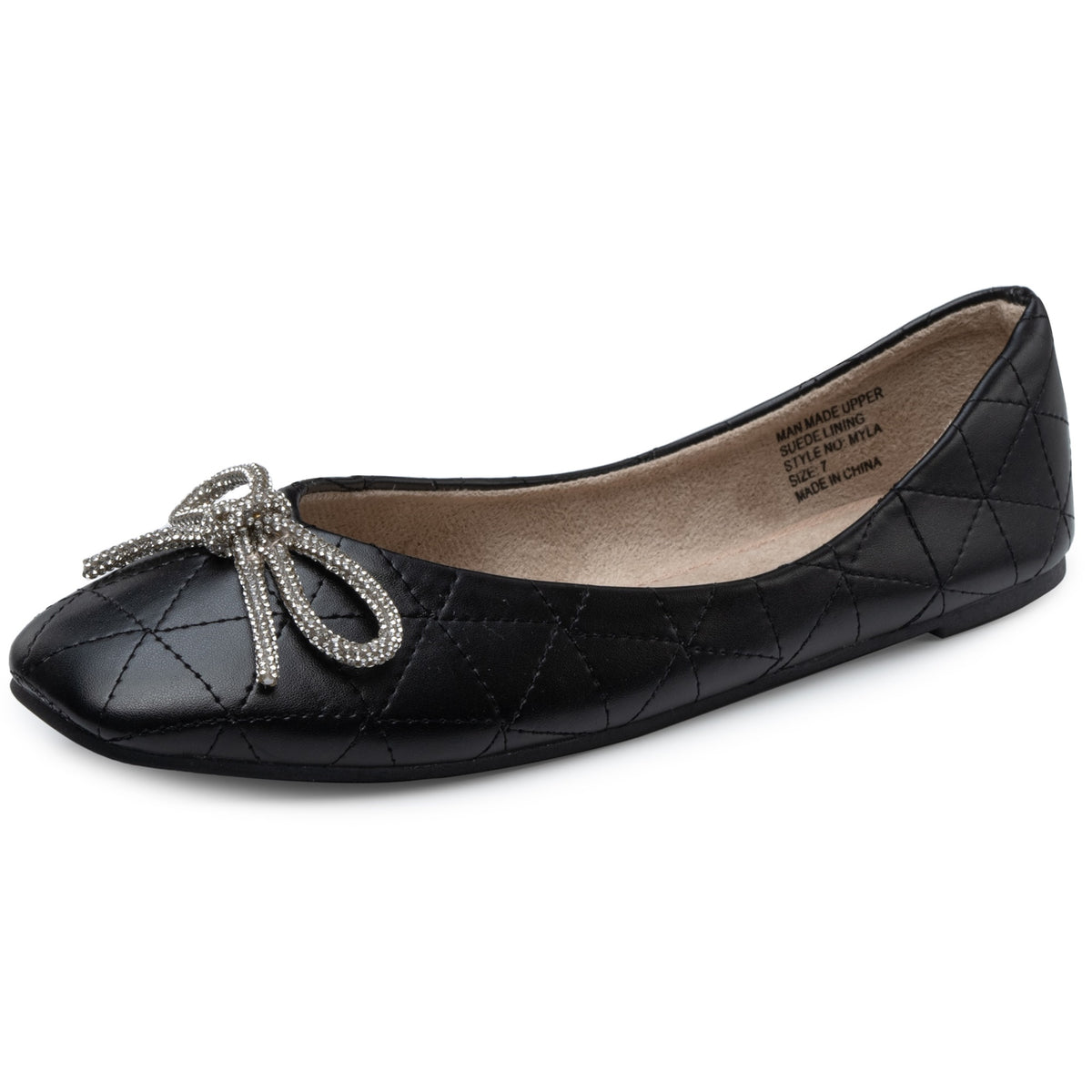 Alpine Swiss Myla Womens Ballet Flats Square Toe Rhinestone Bow Dressy Shoes – Black