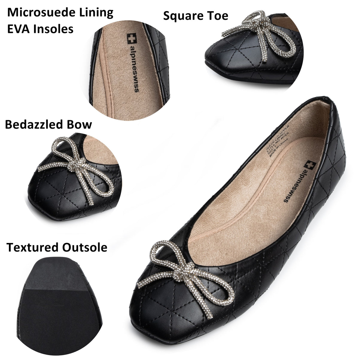 Alpine Swiss Myla Womens Ballet Flats Square Toe Rhinestone Bow Dressy Shoes – Black