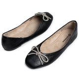 Alpine Swiss Myla Womens Ballet Flats Square Toe Rhinestone Bow Dressy Shoes – Black