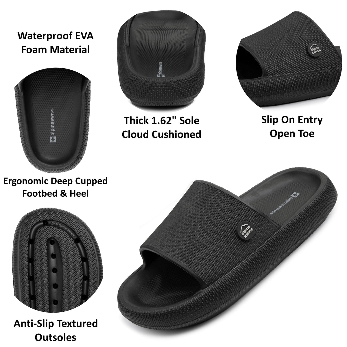 Alpine Swiss Omar Mens Slides Pillow Slippers Ultra Cushioned Cloud Slide Sandal – Black