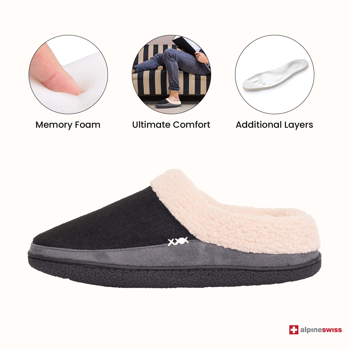 Alpine Swiss Mens Memory Foam Clog Slippers Fleece Fuzzy Slip On House Shoes – Black