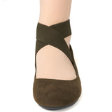 Alpine Swiss Peony Ballet Flats Shoes For Women Elastic Ankle Strap Flats Round – Olive Microsuede
