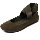 Alpine Swiss Peony Ballet Flats Shoes For Women Elastic Ankle Strap Flats Round – Olive Microsuede