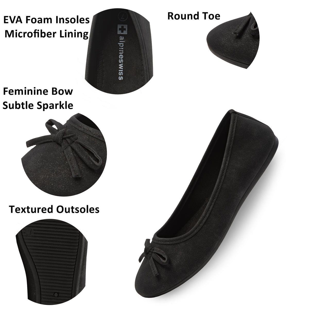 Alpine Swiss Polly Womens Bow Ballet Flats Round Toe Slip On Comfortable Shoes – Black