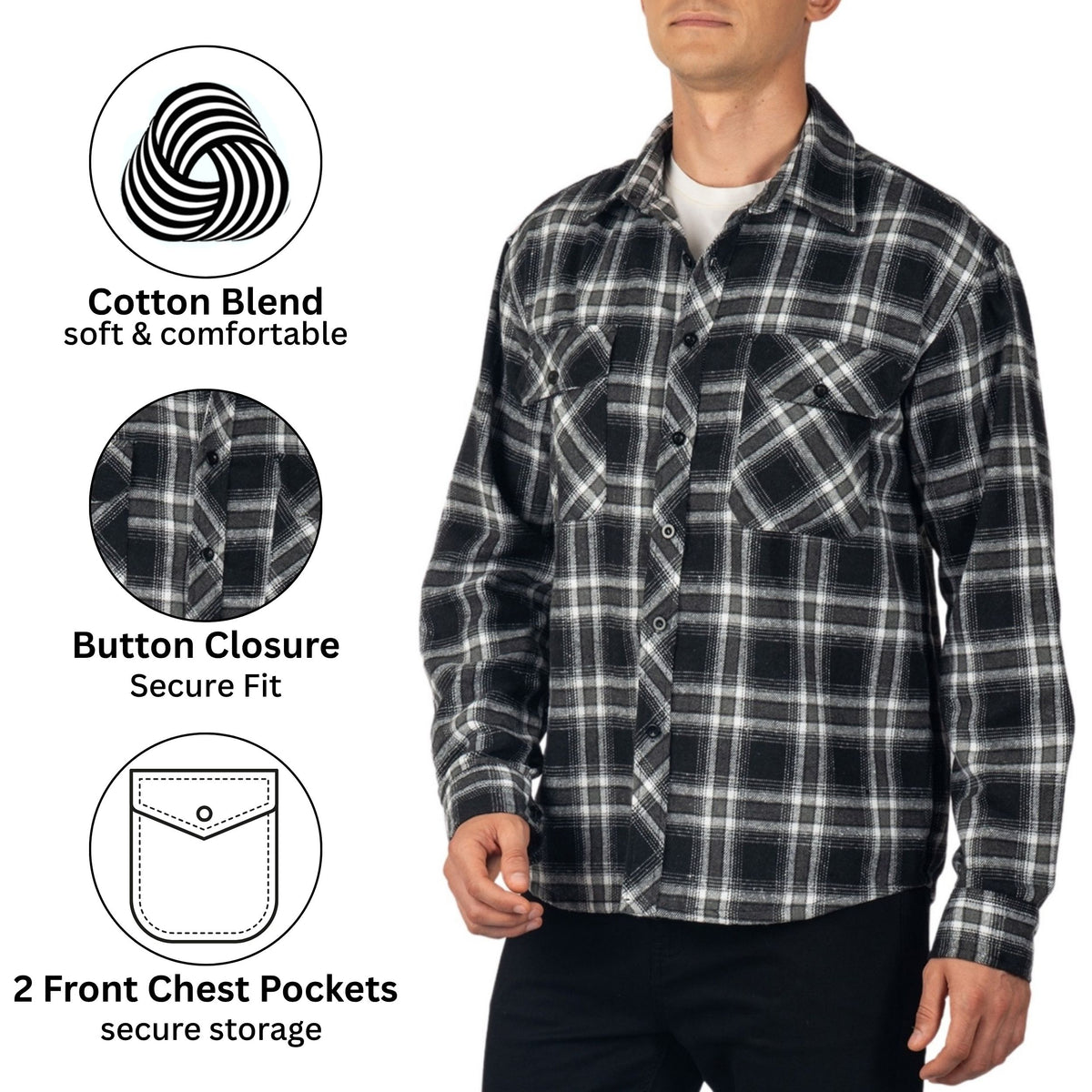 Alpine Swiss Men Plaid Flannel Shirt Jacket Button Down Long Sleeve Cotton Blend – Black Gray