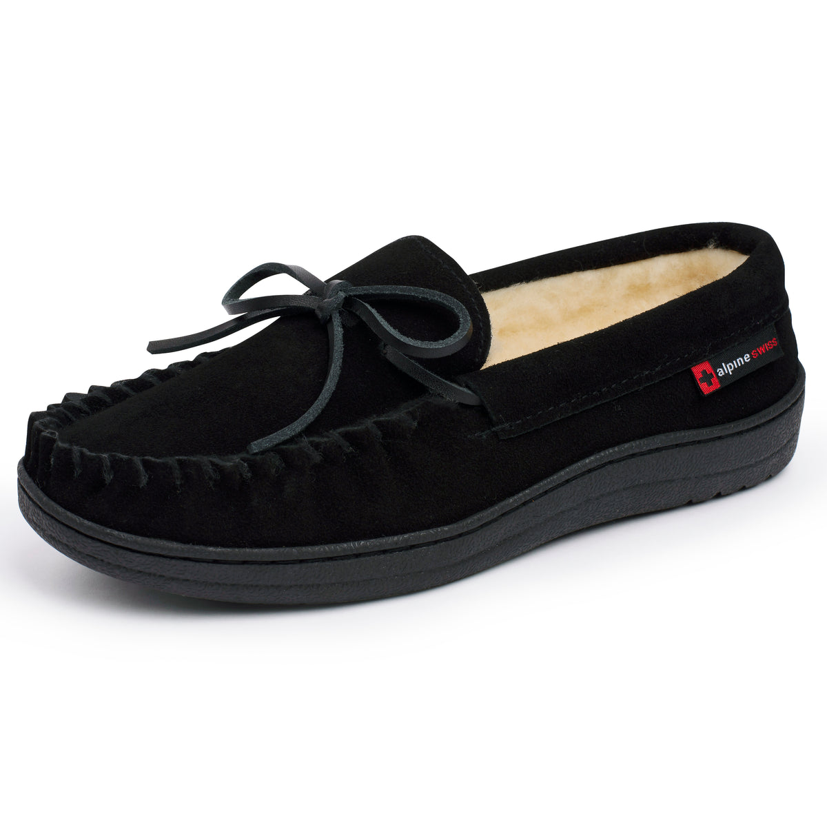 Alpine Swiss Sabine Womens Moccasin Slippers Genuine Suede House Shoe Memory Foam – Black