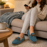 Alpine Swiss Sabine Womens Moccasin Slippers Genuine Suede House Shoe Memory Foam – Blue
