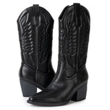 Alpine Swiss Sadie Womens Cowboy Boots Mid Calf Block Heel Western Cowgirl Boots – Vegan Leather Black