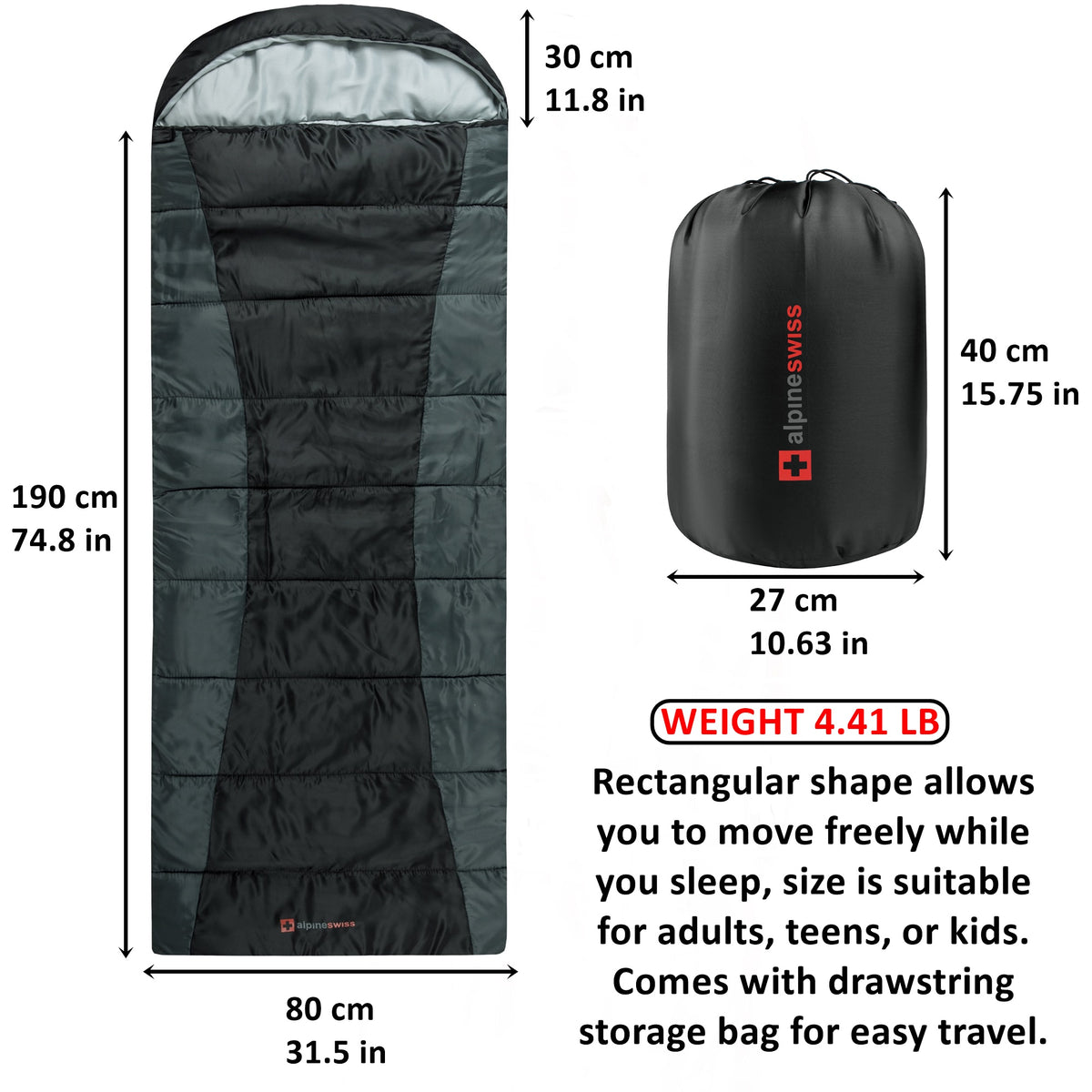 Alpine Swiss Sleeping Bag Adult Waterproof All Season Camping Backpacking Hiking – Black Gray