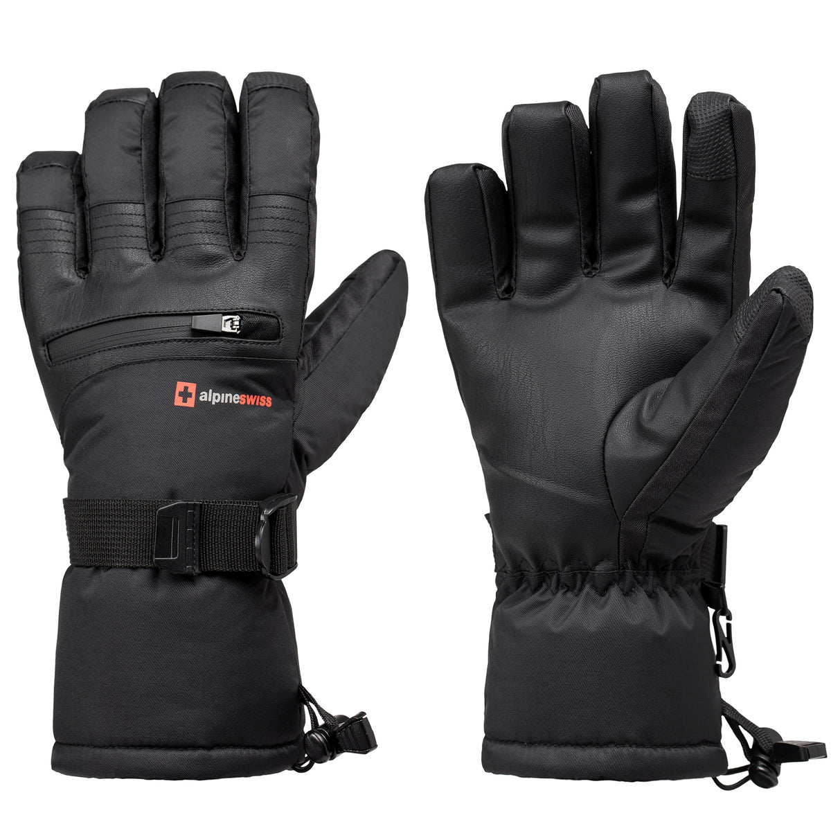 Alpine Swiss Mens Waterproof Snow Gloves Zipper Pockets Winter Sport Mittens – Black Glove