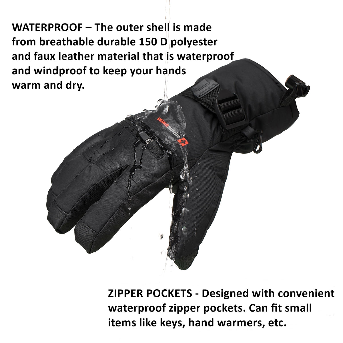 Alpine Swiss Mens Waterproof Snow Gloves Zipper Pockets Winter Sport Mittens – Black Glove