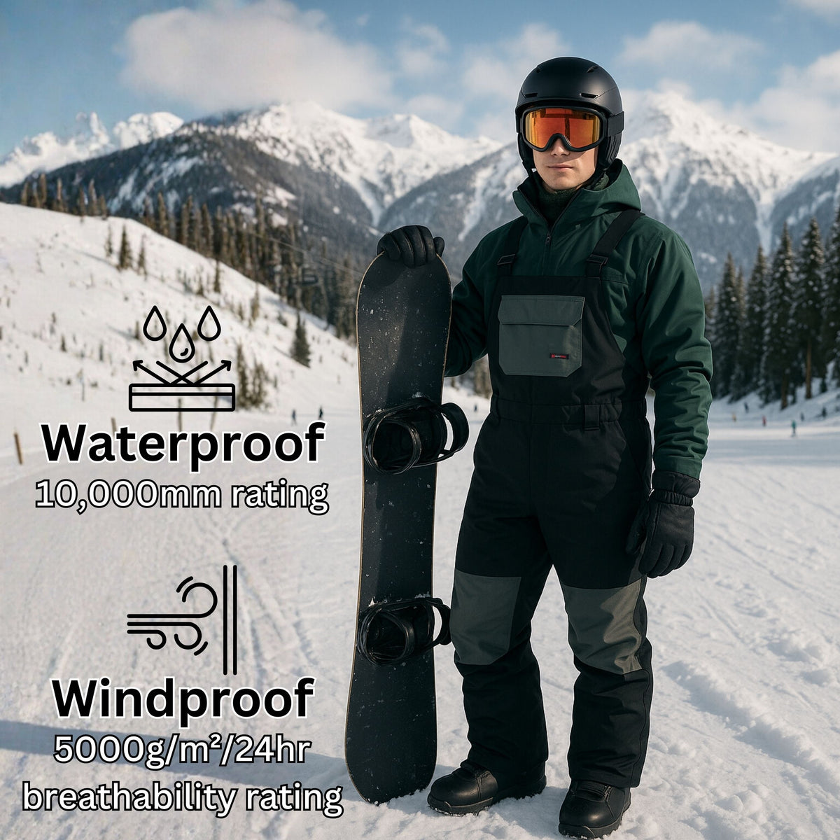Alpine Swiss Mens Snow Bib 10K Waterproof Ski Overalls Insulated Snowboard Pants – Black