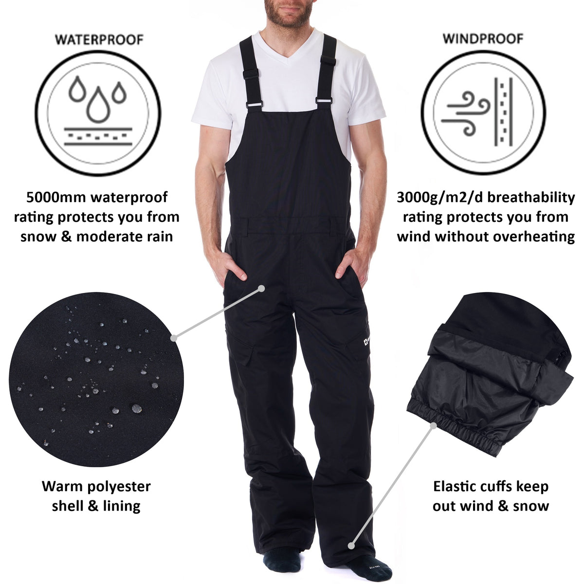 Alpine Swiss Mens Insulated Snow Bib Overalls Waterproof Ski Snowboard Pants – Black
