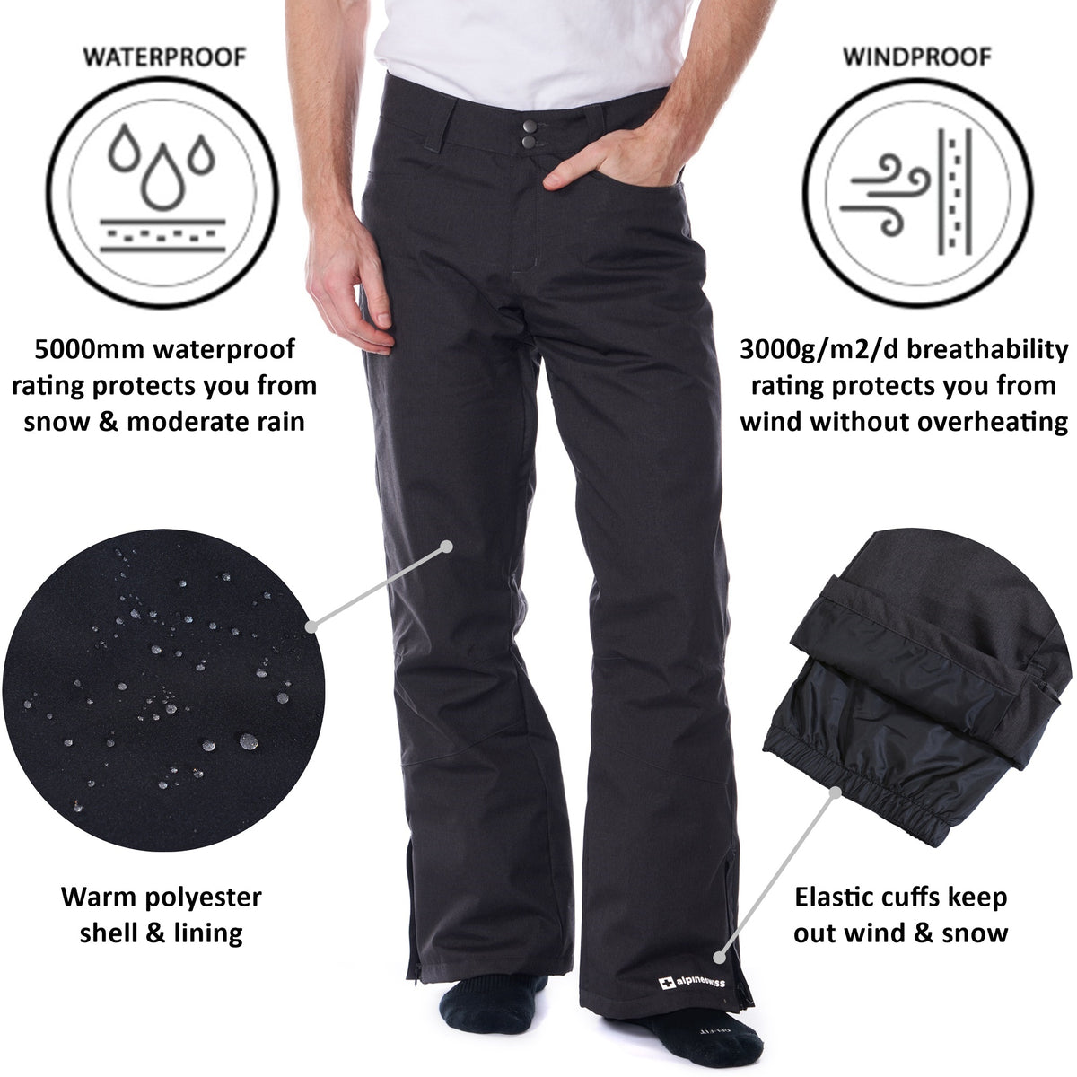 Alpine Swiss Mens Waterproof Ski Snowboarding Pants Insulated Winter Snow Pants – Black